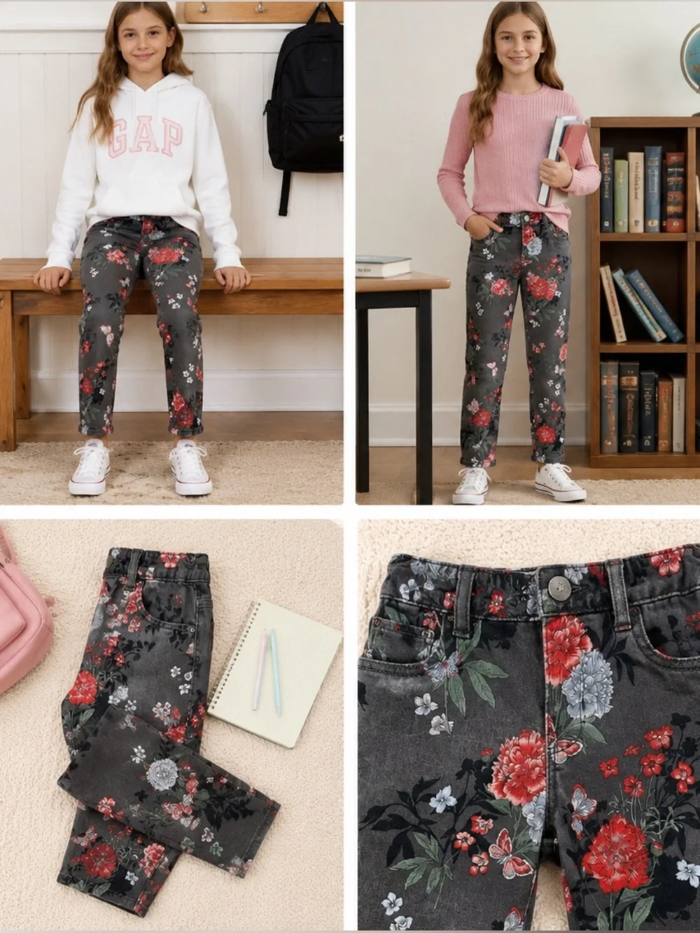 GAP Girls Floral Stretch Jeggings Size 8 Gray Pink Adjustable Waist